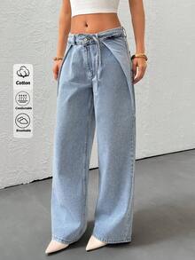 SHEIN Fashionable Commuter Low-Waist Straight-Leg Jeans - Medium Wash - View 1