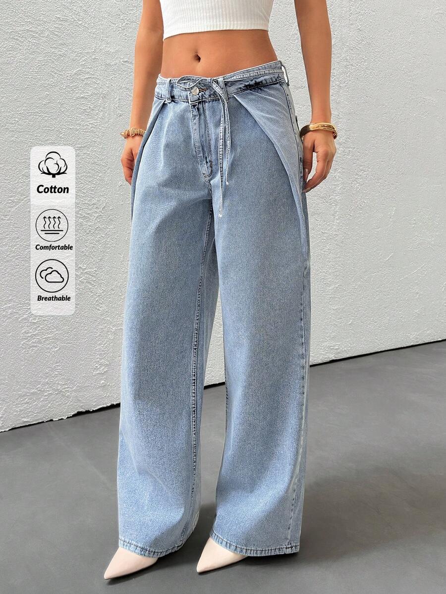 SHEIN Fashionable Commuter Low-Waist Straight-Leg Jeans - Medium Wash - View 1