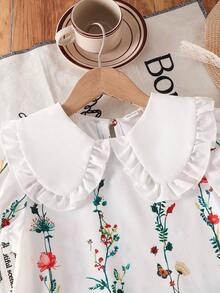 Emery Rose Kids 少女可爱休闲泡泡袖彼得潘领拼接连衣裙，领口饰有蝴蝶结 - 白色 - 查看 6