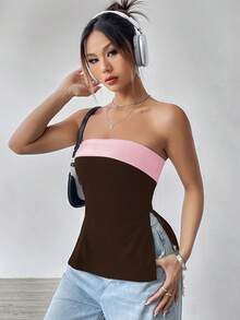 SHEIN EZwear 女士撞色Y2K风格抹胸上衣，夏季 - 彩色 - 查看 4