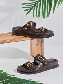 SHUZIA Women's Replica Superior Comfort Buckled Double Strap Slip-On Flat Sandals Summer Shoes - Chocolate Brown - View 2
