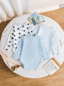 SHEIN Playful Pals 3 Pack Baby Boys Cute Casual Outfits Cartoon Elephant Animal Graphic Print Blue White Striped Pattern Solid Color Long Sleeve Envelope Neck Bodysuits Romper One Piece Jumpsuit Tops Soft Stretchy Infant Daily Playwear Clothes Shower Gift Spring Autumn - Baby Blue - View 2