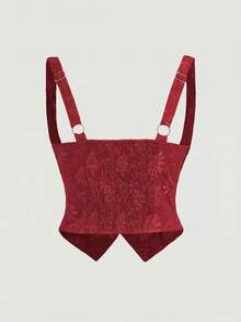 SHEIN MOD Camisa ajustada sin mangas de estilo vintage con jacquard negro para mujer de talla grande - Rojo - Ver 2