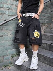 Manfinity EMRG Distressed Black Print Washed American Casual Denim Shorts - Black - View 3