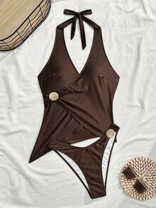 Swim Chiccia Bộ bikini hai mảnh màu cà phê mới năm 2026 dành cho nữ, cổ chữ V sâu, thắt nơ chéo, trang trí vỏ sò kim loại, gồm áo và quần bơi nữ. - màu nâu - Xem 4