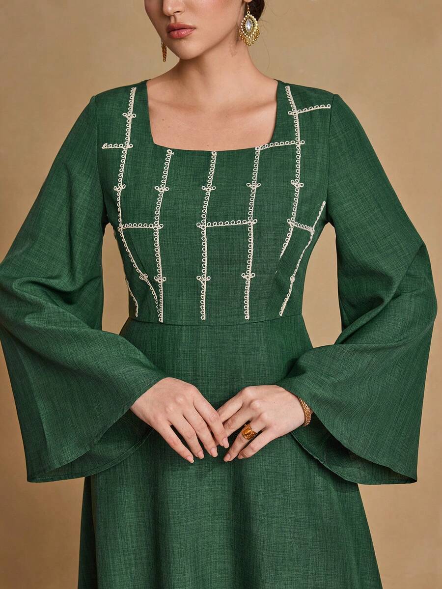 SHEIN Najma Fashionable New Heavy Embroidered Modest Arabic Style Dress For Women - Army Green - View 1