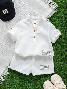 SHEIN 2 Stücke Baby Jungen Lässig Süß Urlaubsstil Weiß Kurzarm Hemd und Shorts Set, geeignet für Frühling/Sommer - Weiss - Übersicht 6