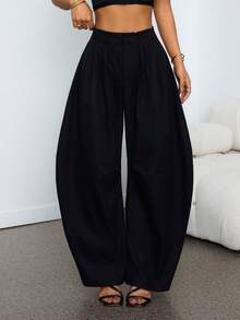 SHEIN PETITE 性感黑帮妻子派对基本款纯色炭灰色褶皱宽松筒裤 - 黑色 - 查看 11