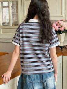 DAZY 少女纽扣条纹印花休闲百搭短袖T恤