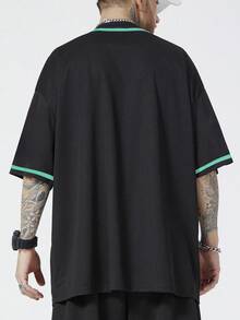 ROMWE MEN Prep Men's Contrast Color V-Neck Front Button Casual Loose Fit Shirt, Versatile For Summer - Black - View 2