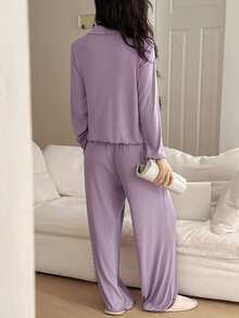 DAZY Women's Comfortable Knit Contrast Trim Crop Top And Pants Pajama Set - Mauve Purple - View 2