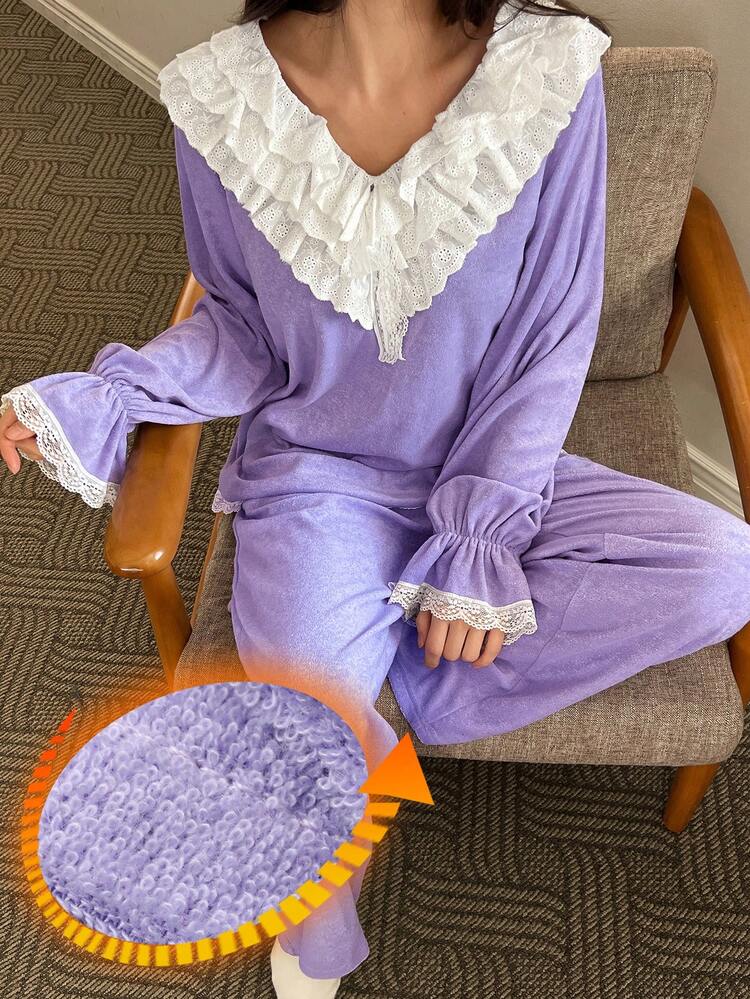 Women's Sleepwear Set With Contrasting Color Ruffled Collar, Made Of Terry Cloth Material