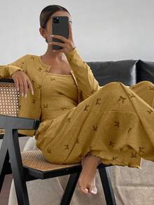DAZY Set pigiama da donna composto da 3 pezzi: cardigan, canotta e pantaloni con stampa farfalla, adatto per la primavera - Arancione Corallo - Visualizzare 4