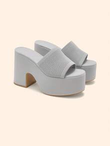 CUCCOO BASICS Ladies Open-Toed Thick-Heeled Mules Sandals Breathable Spring And Summer Party Platform Heels Gray Christmas - Grey - View 2