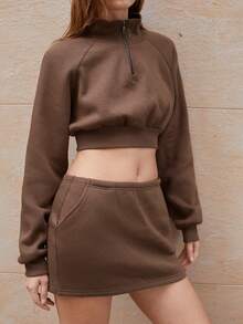 Maija Women's Brown All Season Versatile Modern Warm Raglan Sleeve Turtleneck Sweatshirt With Elastic Waist Skirt 2 Pieces Casual Set Hippie - Brown - View 6
