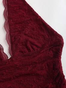 Sweetra Retro American Red Lace V-Neck Backless Ruched Bodysuit, Sexy Fitted Design, Fashion New Arrival For Early Spring - Burgundy - View 6