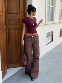 Siren Gaze Women's Low-Rise Wide-Leg Jeans With Studded Five-Pointed Star Pattern, Y2K Summer Casual, Music Festival. - Brown - View 1