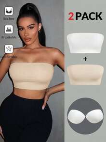 SHEIN SXY 2PCS 2 Packs Women's Stretch Strapless Casual Versatile Sexy Cropped Tops With Built-In Bra Pads - Multicolor - View 3