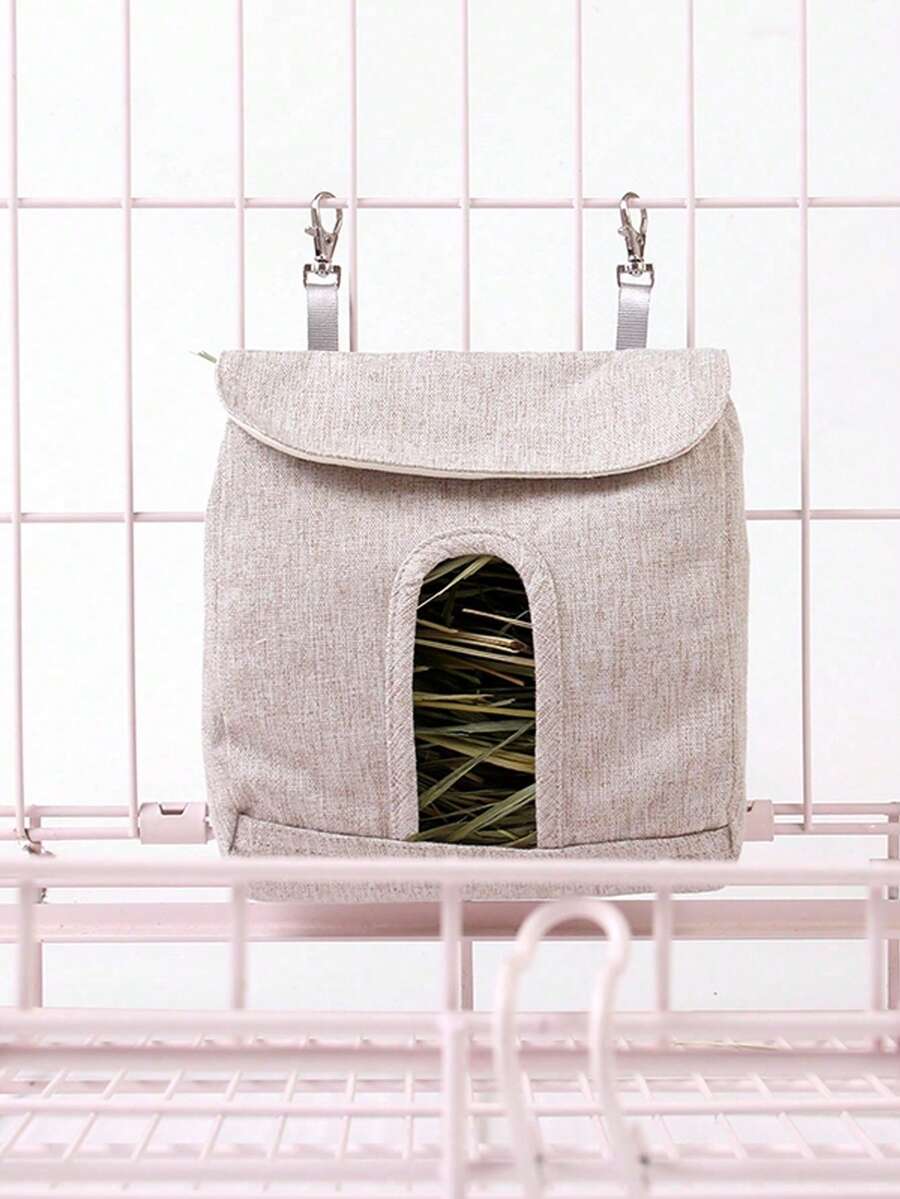 Hanging Foraging Pouch Small Pet Hay Feeder Adjustable Rope Natural Fiber Material Chew Proof Design Promotes Natural Eating Behavior Mental Stimulation - Grey - View 1