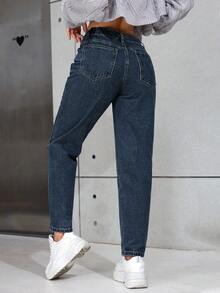 SHEIN PETITE Women's Casual Everyday Rhinestone Embellished Slant Pocket Tapered Leg Jeans - Dark Wash - View 2