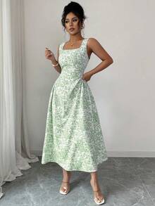 Rafferiza Đầm không tay xếp nếp họa tiết hoa màu xanh dương kiểu Pháp dành cho nữ, thích hợp cho kỳ nghỉ. - xanh xám - Xem 6