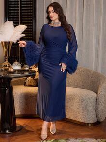 Modelyn Elegant Solid Color Mesh Flared Sleeve Waist Ruched A-Line Plus Size Dress, Suitable For Spring And Autumn - Navy Blue - View 4