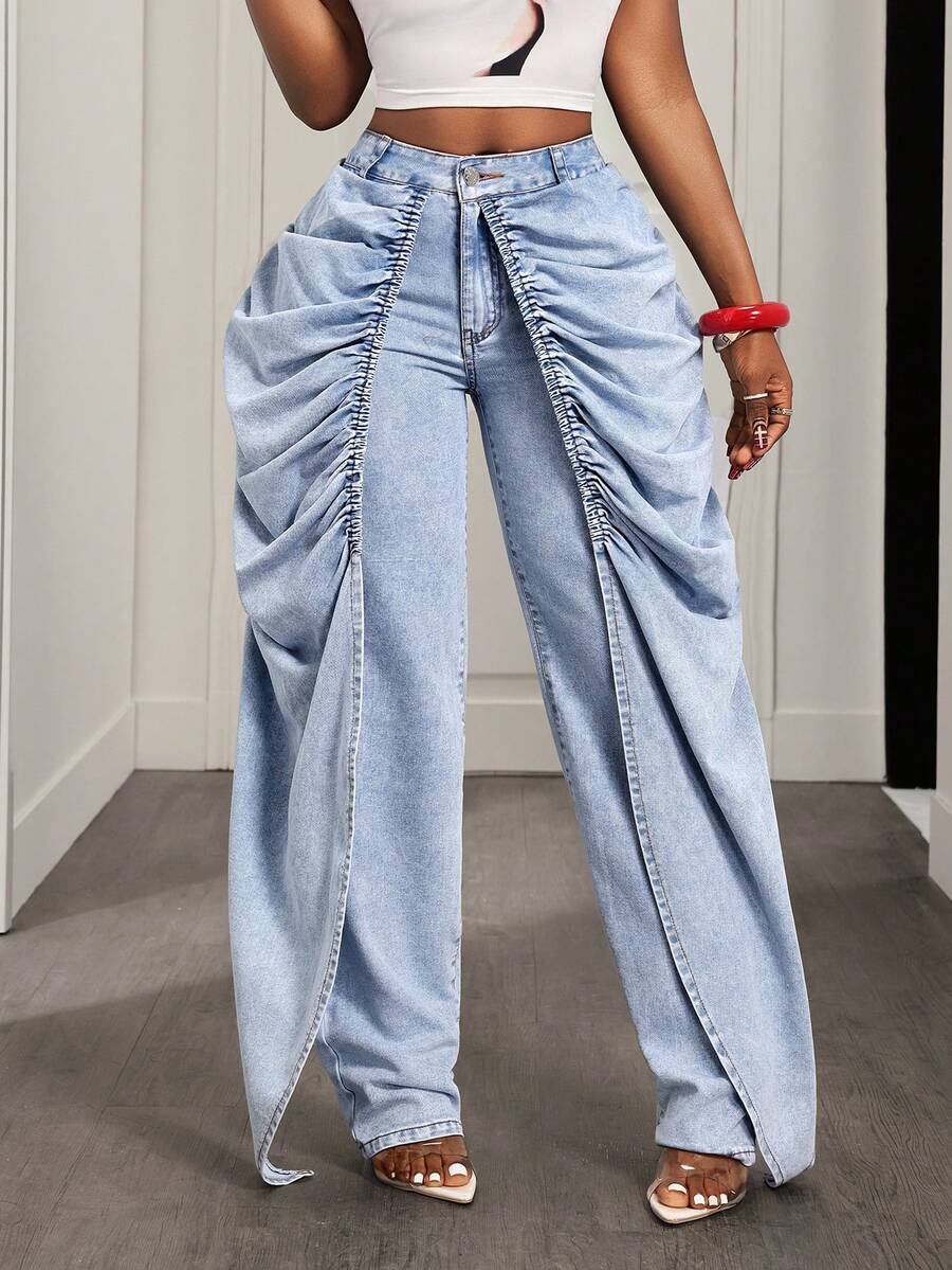 BamGleam 女士休闲褶皱宽松牛仔裤 - 藍色 - 查看 1