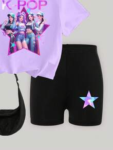 2件套少女休闲创意个性清新简约可爱时尚虚拟少女组合彩色星星图案字母印花T恤和骑行短裤套装，舒适日常穿着，适合春、夏、秋季。 - 彩色 - 查看 6