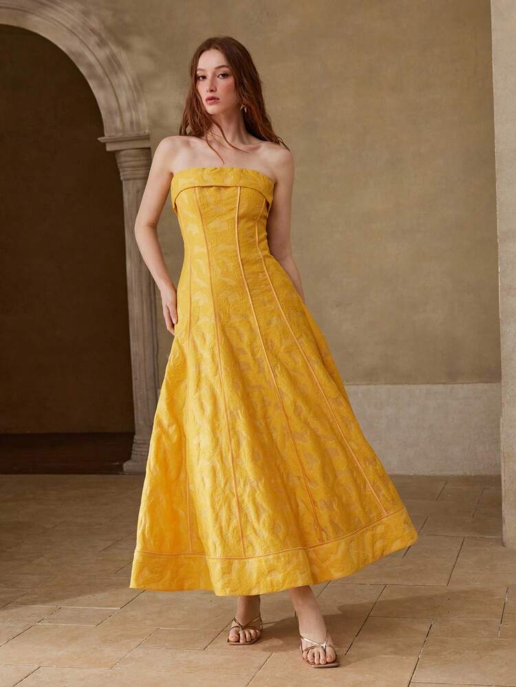 WOMEN'S JACQUARD FABRIC STRAPLESS A-LINE MIDI DRESS, SPRING/SUMMER
