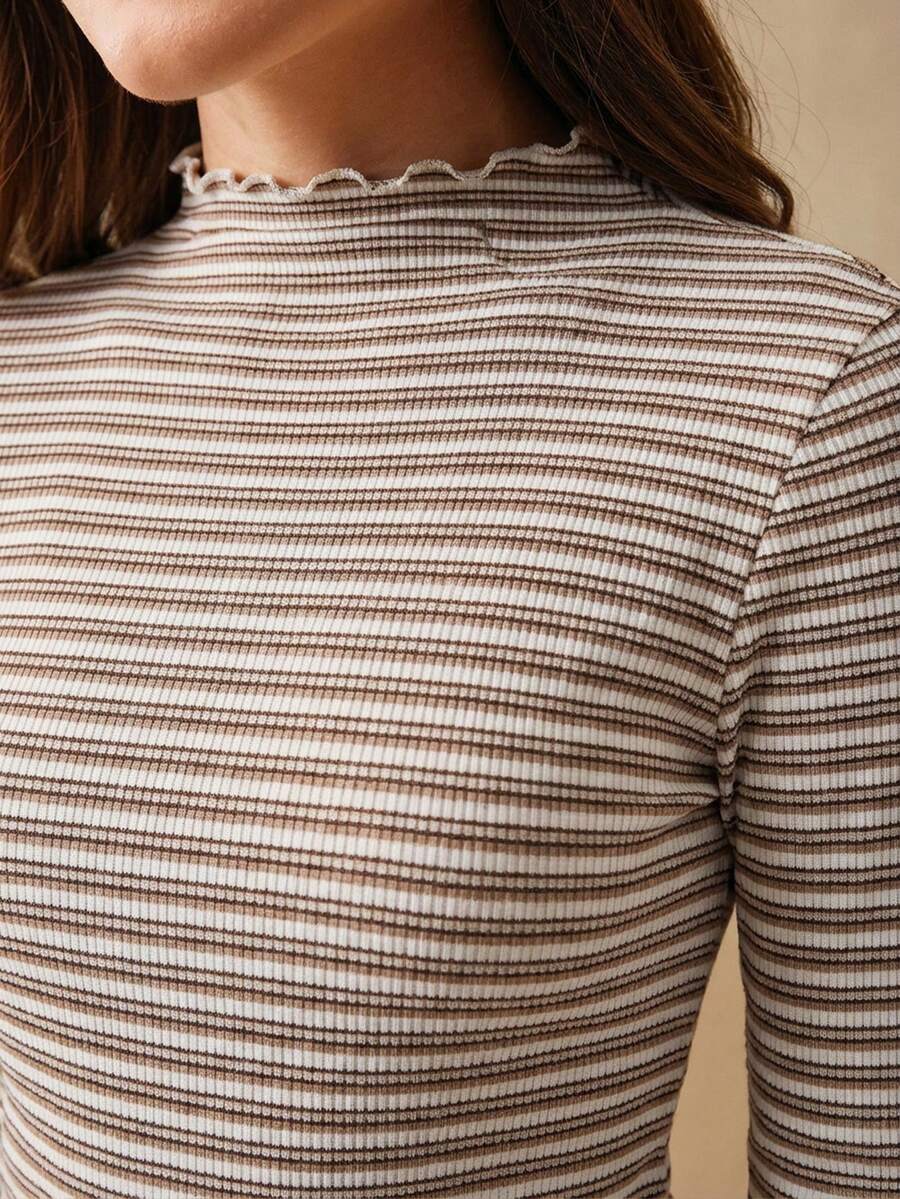 Anewsta 条纹优雅长袖荷叶边弹力女式T恤 - 巧克力棕 - 查看 1