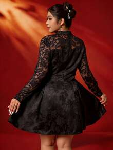 Elenzga Plus Size Chinese Style Lace Jacquard Waist Fit And Flare Dress, New Year Collection Plus Size Club Dress Plus Size Goth Dress Sexy Plus Size Dress Plus Size Cocktails Dress Black Lace Dress Plus Chinese New Year Chinese New Year Plus Size Corset Dress Plus Size Black Elegant Dress Black Party Dress Qipao Dress Lace Insert Dress Cheongsam Dress Chinese Style Dress - Black - View 2