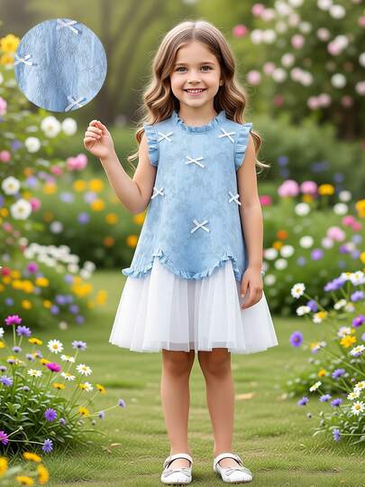 女童（小号）针织提花荷叶边蝴蝶结拼接白色网纱公主裙，甜美可爱，优雅女童服装