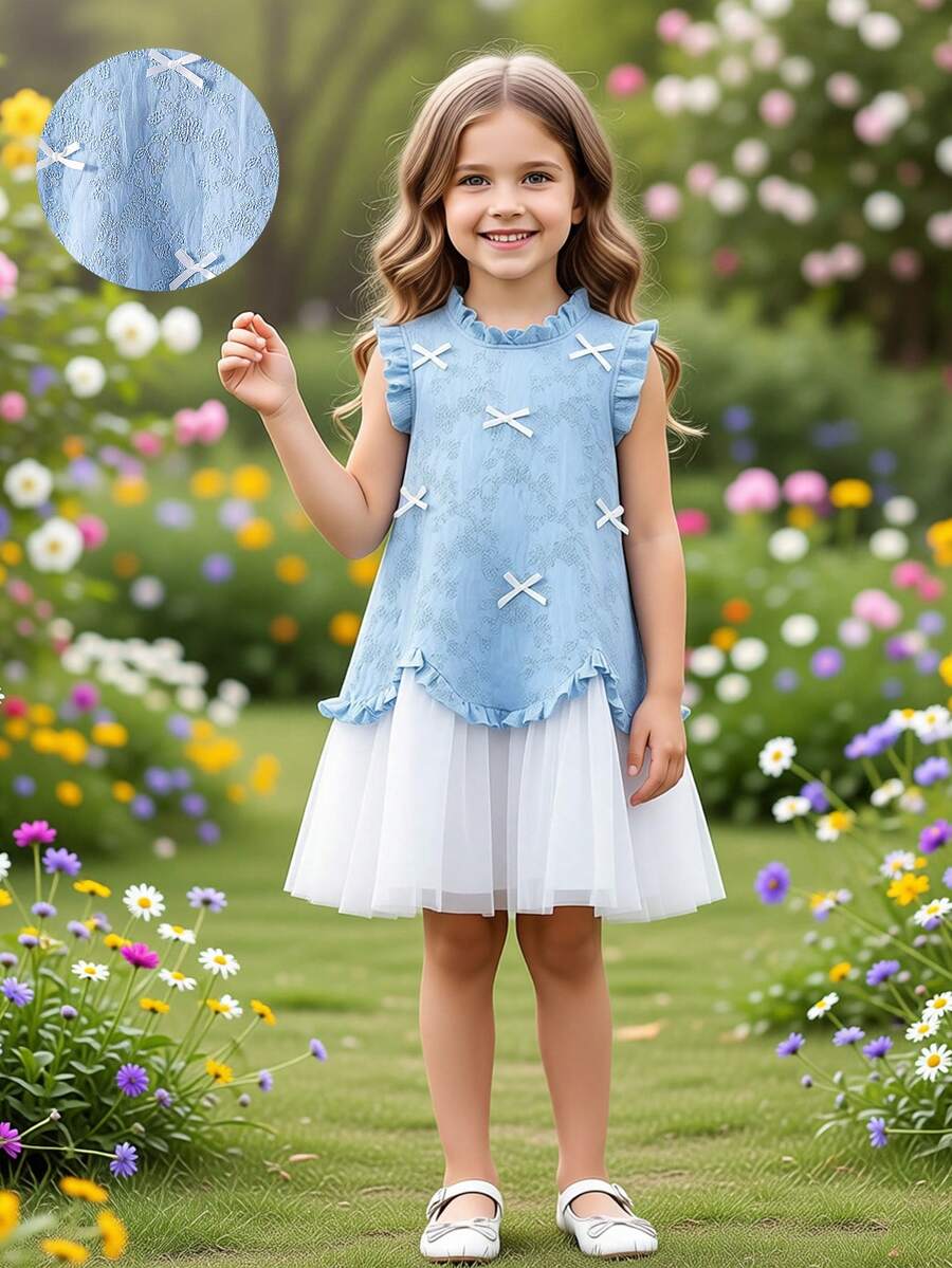 Girls (Small) Knitted Jacquard Ruffle Bow Patchwork White Mesh Princess Dress, Sweet & Cute, Elegant Girls Clothing - Blue - View 1