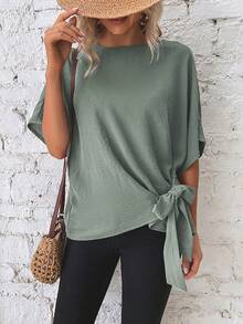 Flexra Solid Color Round Neck Batwing Sleeve Loose Casual Fashion Shirt Brunch Sage Green Summer Office - Green - View 4