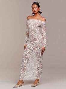 COSMINA 女士优雅露肩蕾丝半透明连衣裙，情人节、派对、春季、约会、度假皆宜 - 奶油色 - 查看 5