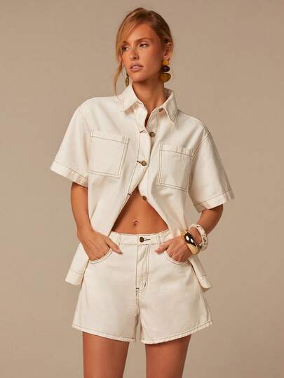 COSMINA Women's Solid Color Short Sleeve Single-Breasted Shirt And Shorts Casual Denim Set, Pocket Design, Elegant Daily Denim Set, White Denim Set, Suitable For Daily Outings, Vacation Wear, Loose Fit, Casual Denim Set