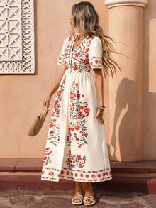 Flora Isola Flora Isola Vestido largo con cuello en V para mujer, vestido casual suelto con estampado floral de moda y manga corta, adecuado para salir, ir al trabajo y vacaciones en verano - Multicolor - Ver 1