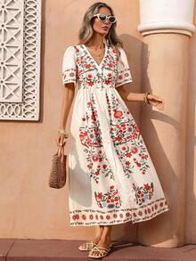 Flora Isola Flora Isola Vestido largo con cuello en V para mujer, vestido casual suelto con estampado floral de moda y manga corta, adecuado para salir, ir al trabajo y vacaciones en verano - Multicolor - Ver 6