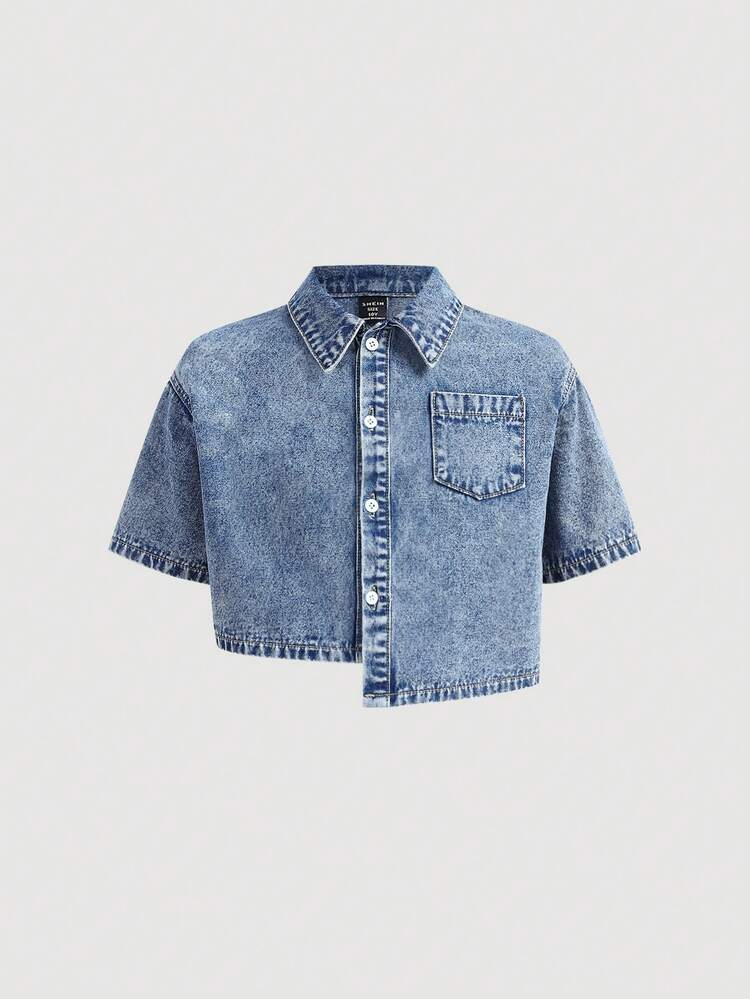 2Pcs Tween Girls Fashion Casual Y2k Vintage Cool Street Blue Asymmetrical Design Short-Sleeved Denim Shirt And Loose Comfortable And Simple Pleated Denim Skirt Set Of Two Pieces For Kids Clothes Tween Girls Dailywear And Kids Spring To Summer Rave Outfits Festival And Outfits Streetwear Clothes - Blue - View 5
