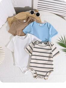 4pcs/Set Baby Boy/Girl Cute Knitted Elastic Striped Short Sleeve Rompers, Basic Bodysuits, Spring/Summer - Multicolor - View 4