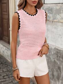 Breezaya Damtopp med öppen, texturerad stickning och kontrastfärgad krage och fållkant - Rosa - Visa 4