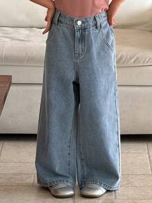 Dazy Kids Quần jeans ống rộng cạp cao, kiểu dáng thường ngày cho nữ, đã qua xử lý. - Rửa nhẹ - Xem 5