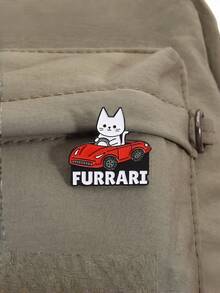 Joivida 1pc Cartoonish Design Of A Playful Cat In The Shape Of A White Cat Driving A Red Sports Car, Made Of Alloy With Baked-On Paint. A Cute Cat Badge Or Brooch. - Multicolor - View 2