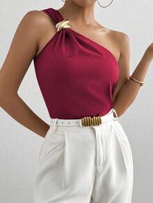 RosyDaze Camisa casual y elegante de unicolor para mujer con botón decorativo de metal, para verano - Rojo - Ver 3