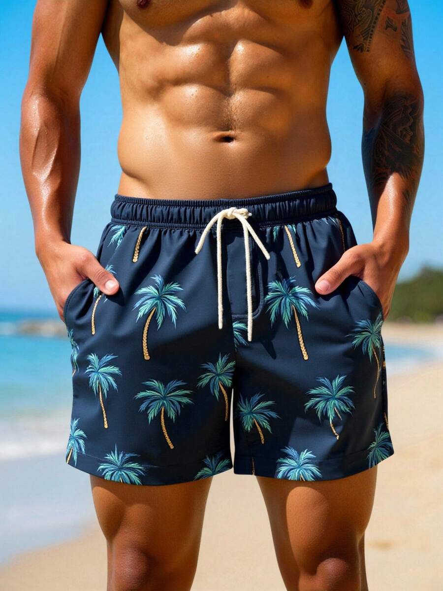 Manfinity Swimmode Pantalones cortos de playa casuales con cintura elástica y cordón con estampado de palmeras para hombres - Azul Marino - Ver 1