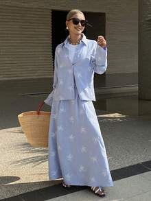 Livesso 两件套女士印花衬衫和休闲裙套装 - 藍色 - 查看 3