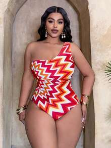 Slaydiva 大码女式几何线条印花时尚度假休闲修身不对称领口连体泳衣 - 彩色 - 查看 1