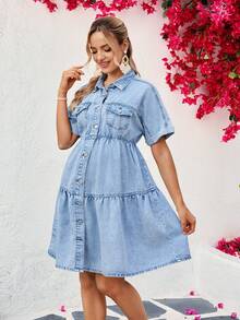 SHEIN 时尚休闲孕妇牛仔A字连衣裙，纽扣闭合，春夏款 - 淺色水洗藍 - 查看 1