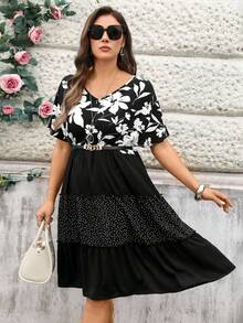 Miaspire 大码女式印花V领短袖拼接度假连衣裙 - 彩色 - 查看 3