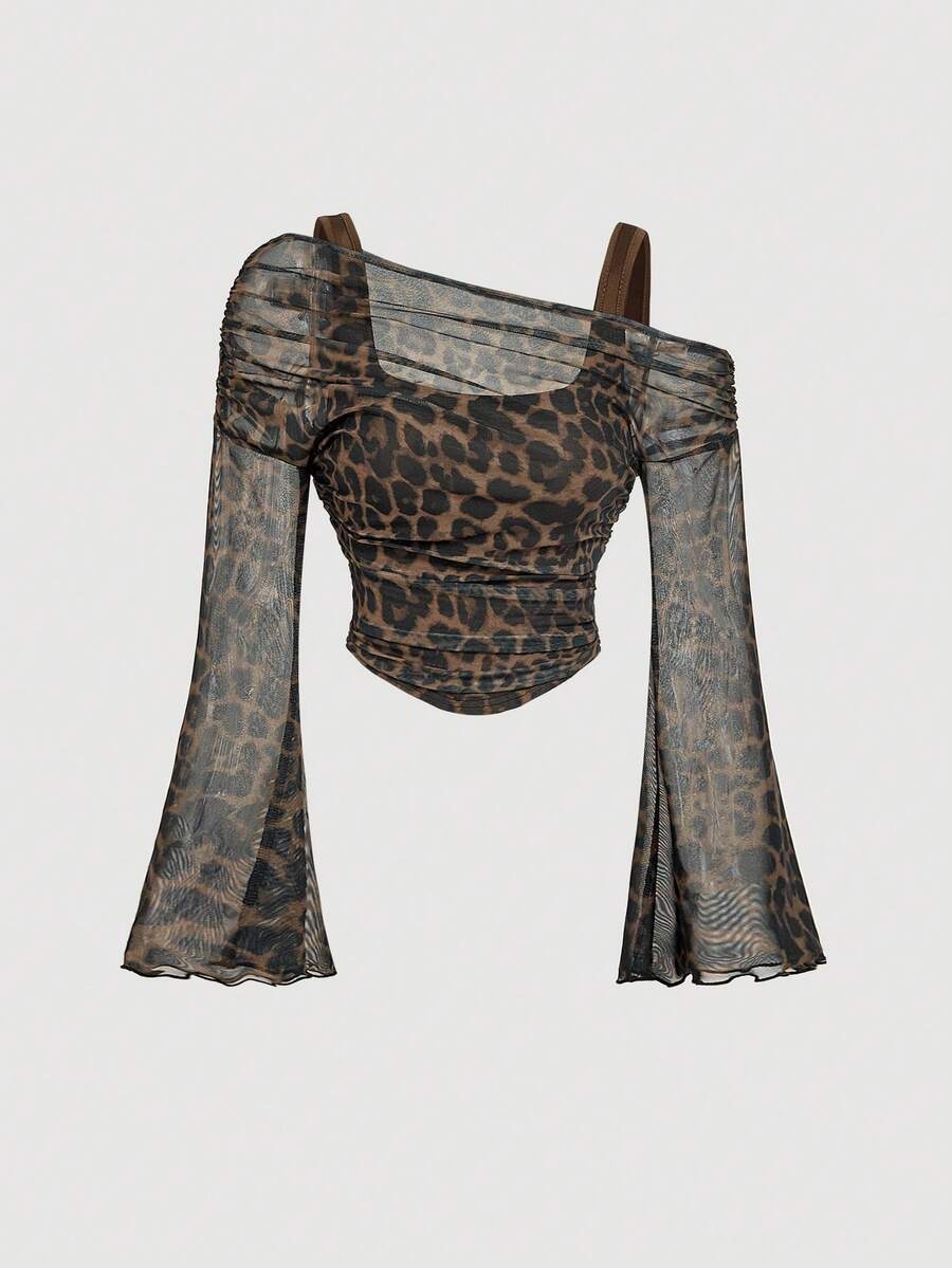 SHEIN MOD Áo nữ tay dài trễ vai phối lưới họa tiết da báo, kiểu 2 trong 1, tay loe, chất liệu 2 trong 1. - màu nâu - Xem 1